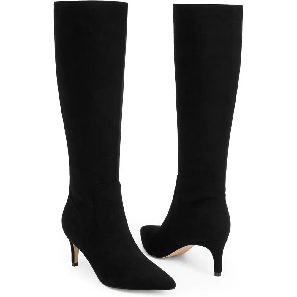 Women's Black Tall Boots Pointed Toe Kitten Heel Side Zipper Knee High Boots